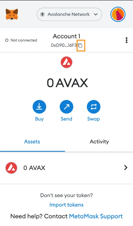 Copy your AVA wallet address on MetaMask